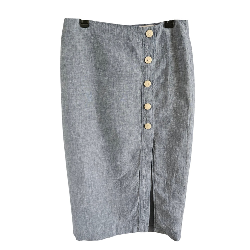 Loft Womens Blue 100% Linen Button Front Midi Pencil Skirt Size 8